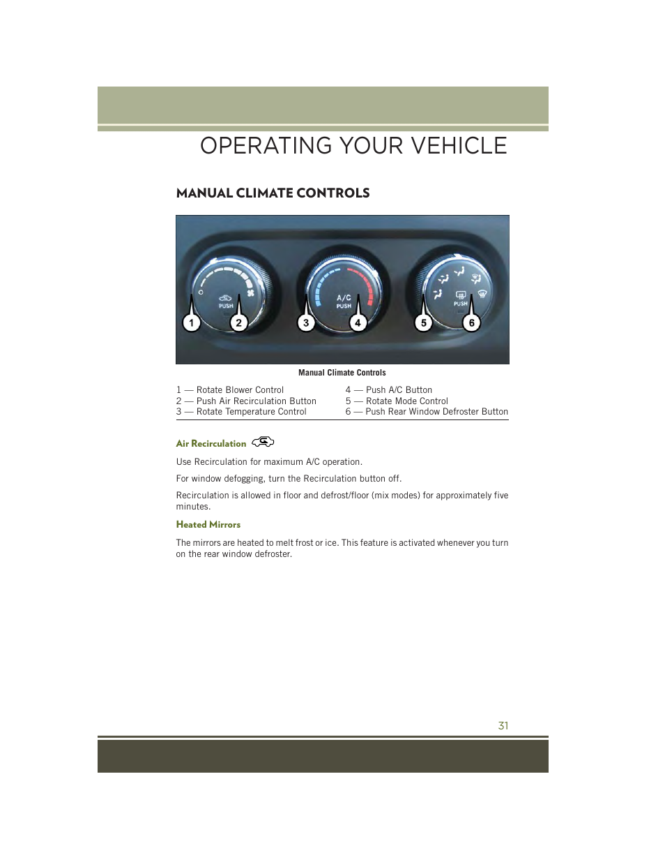 Manual climate controls, Air recirculation, Heated mirrors | Operating your vehicle | Jeep 2015 Wrangler - User Guide User Manual | Page 33 / 164