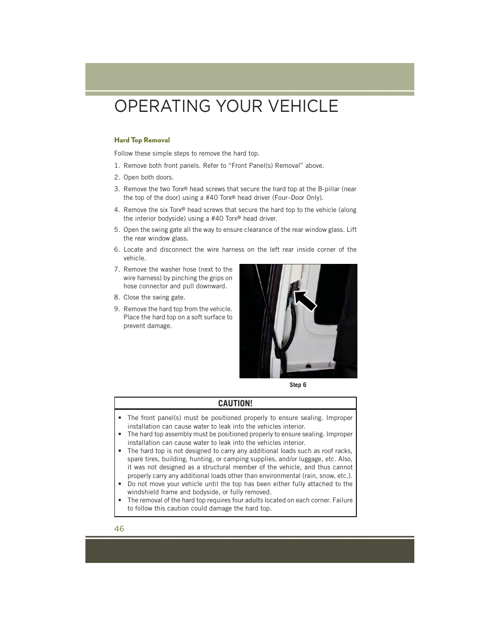 Hard top removal, Operating your vehicle, Caution | Jeep 2015 Wrangler - User Guide User Manual | Page 48 / 164
