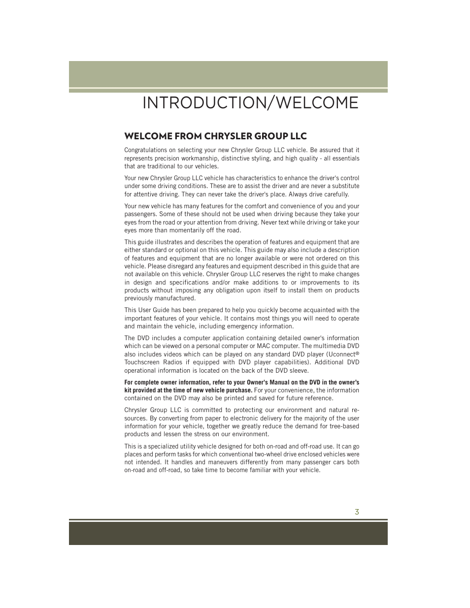 Introduction/welcome, Welcome from chrysler group llc, Welcome from chrysler | Group llc | Jeep 2015 Wrangler - User Guide User Manual | Page 5 / 164