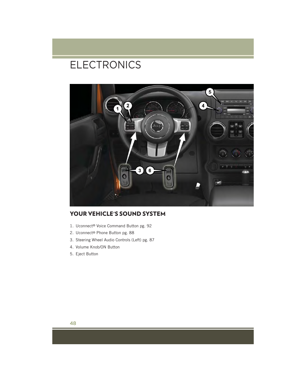 Electronics, Your vehicle's sound system | Jeep 2015 Wrangler - User Guide User Manual | Page 50 / 164