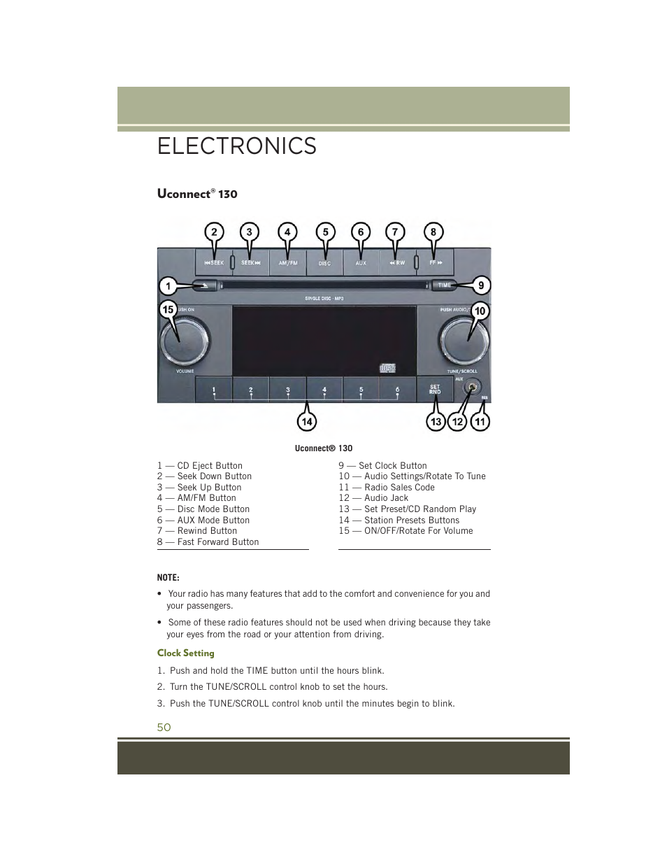 Uconnect® 130, Clock setting, Uconnect | Electronics | Jeep 2015 Wrangler - User Guide User Manual | Page 52 / 164