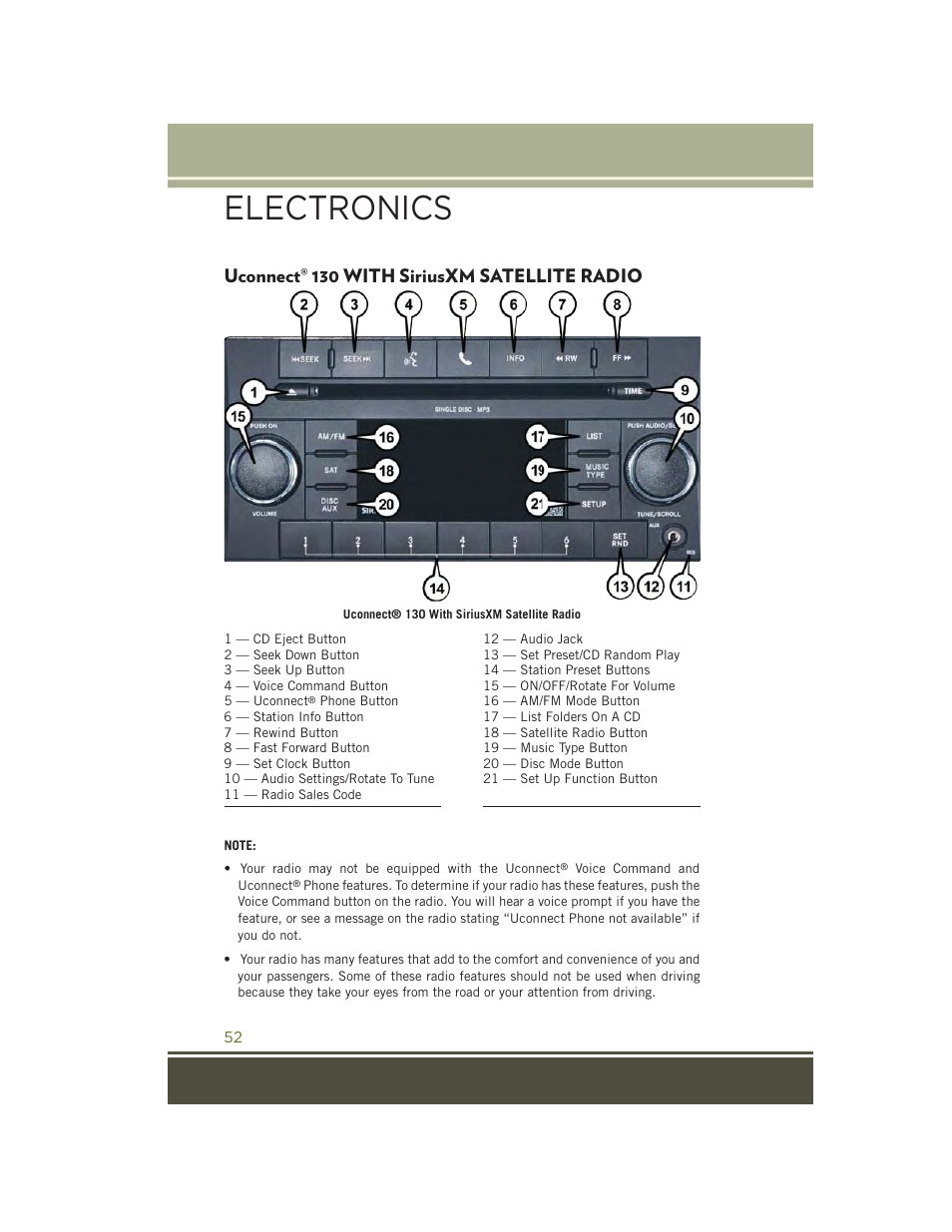 Uconnect® 130 with siriusxm satellite radio, Uconnect, 130 with siriusxm | Satellite radio, Electronics | Jeep 2015 Wrangler - User Guide User Manual | Page 54 / 164