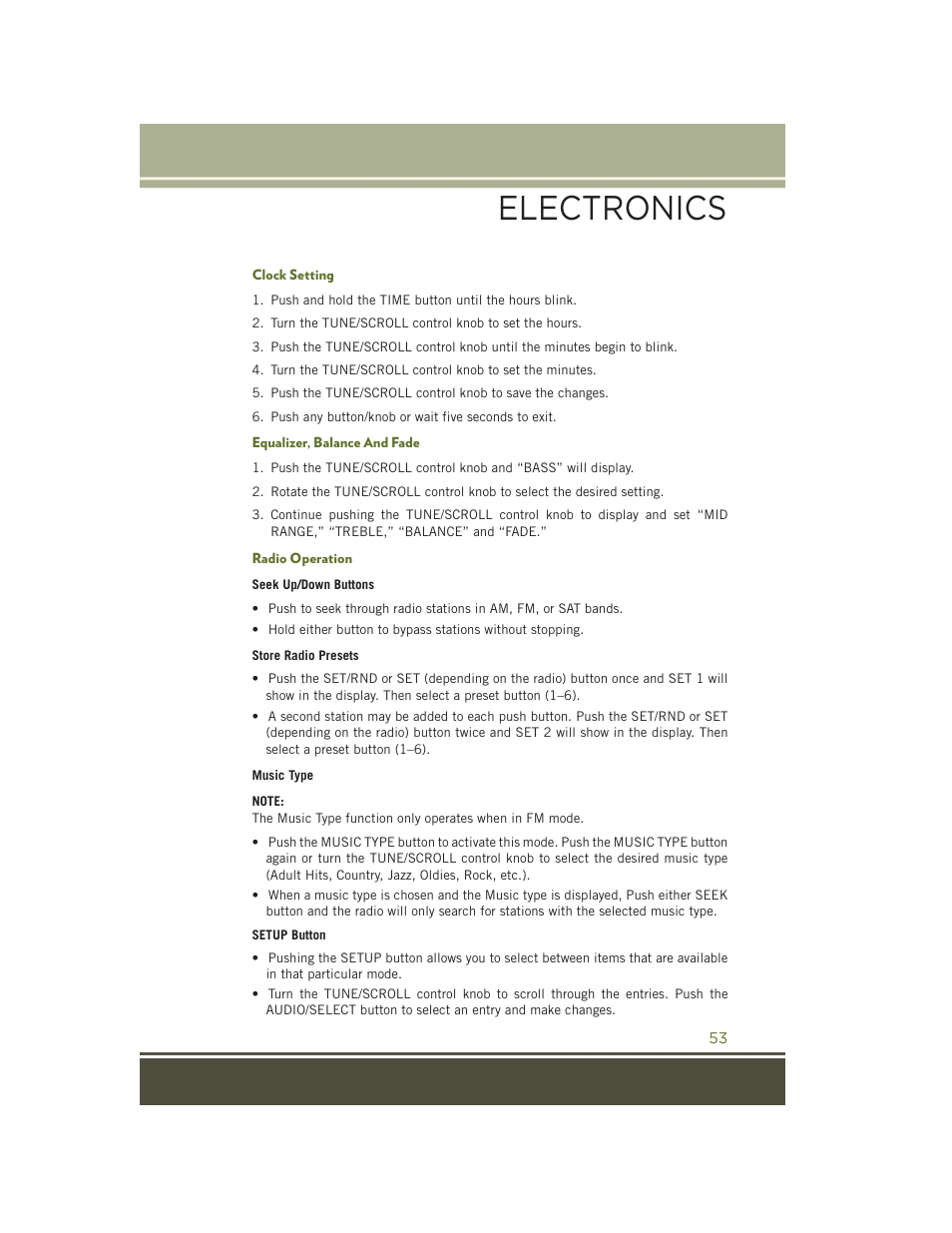 Clock setting, Equalizer, balance and fade, Radio operation | Electronics | Jeep 2015 Wrangler - User Guide User Manual | Page 55 / 164