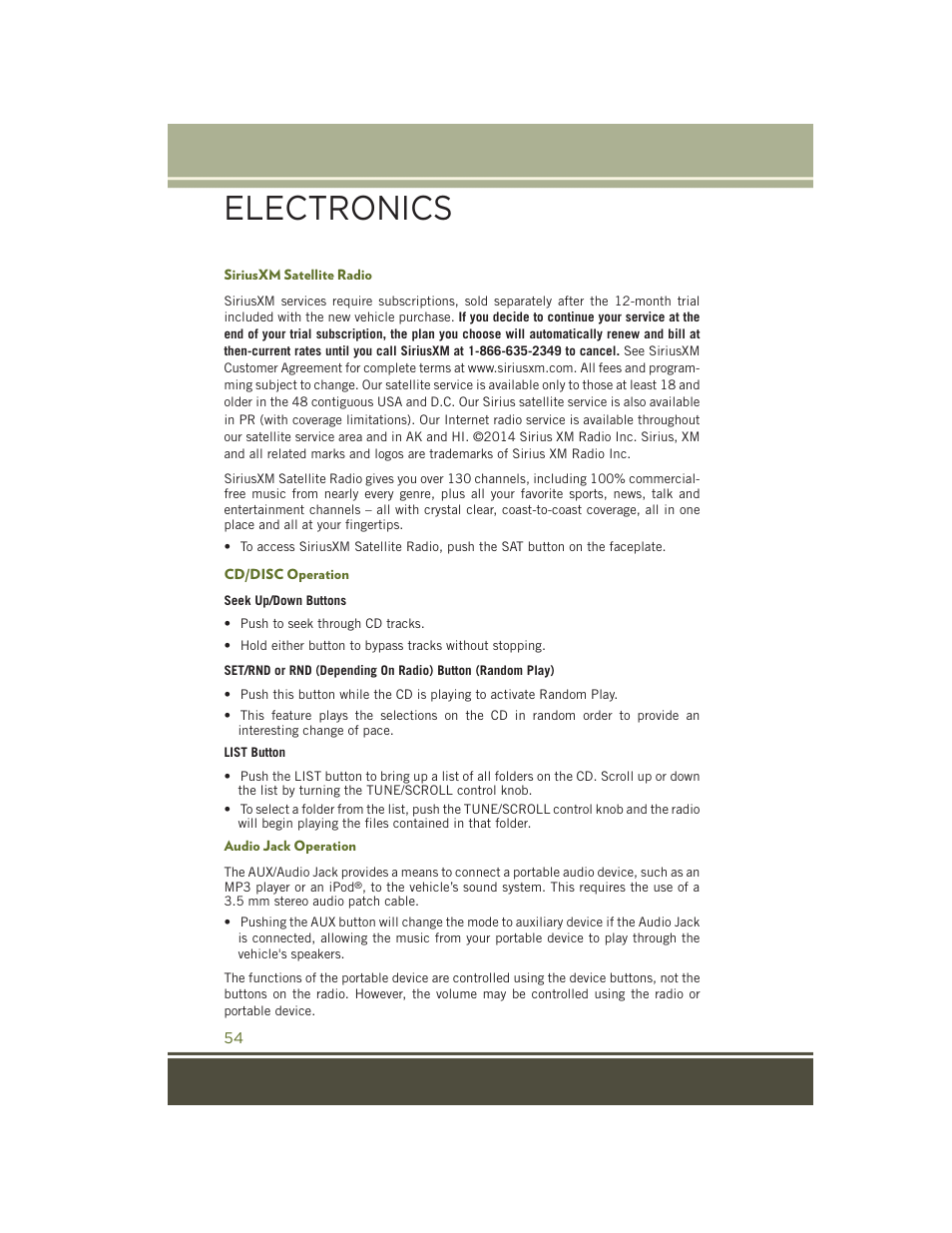 Siriusxm satellite radio, Cd/disc operation, Audio jack operation | Electronics | Jeep 2015 Wrangler - User Guide User Manual | Page 56 / 164