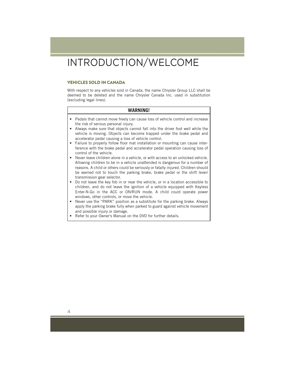 Vehicles sold in canada, Introduction/welcome | Jeep 2015 Wrangler - User Guide User Manual | Page 6 / 164