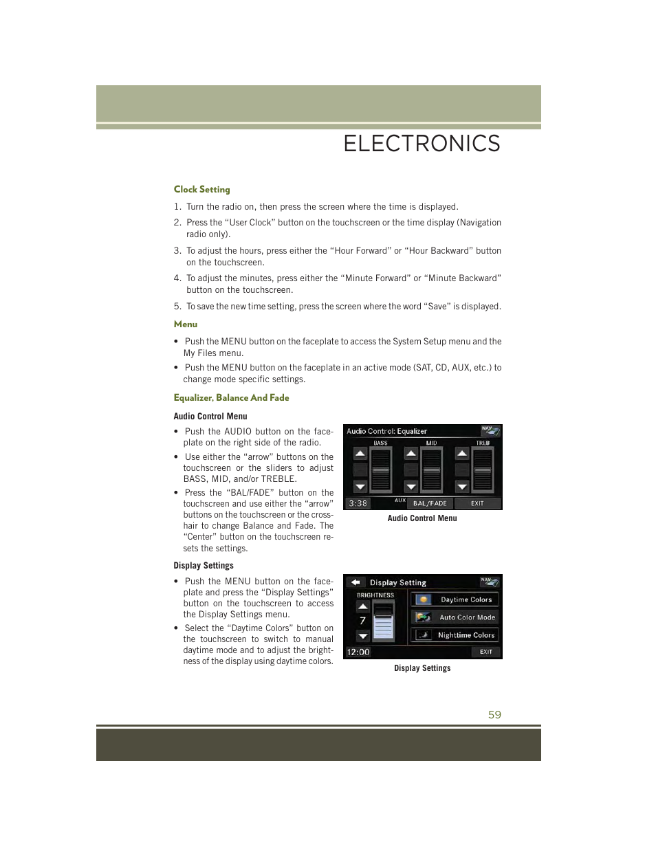 Clock setting, Menu, Equalizer, balance and fade | Electronics | Jeep 2015 Wrangler - User Guide User Manual | Page 61 / 164