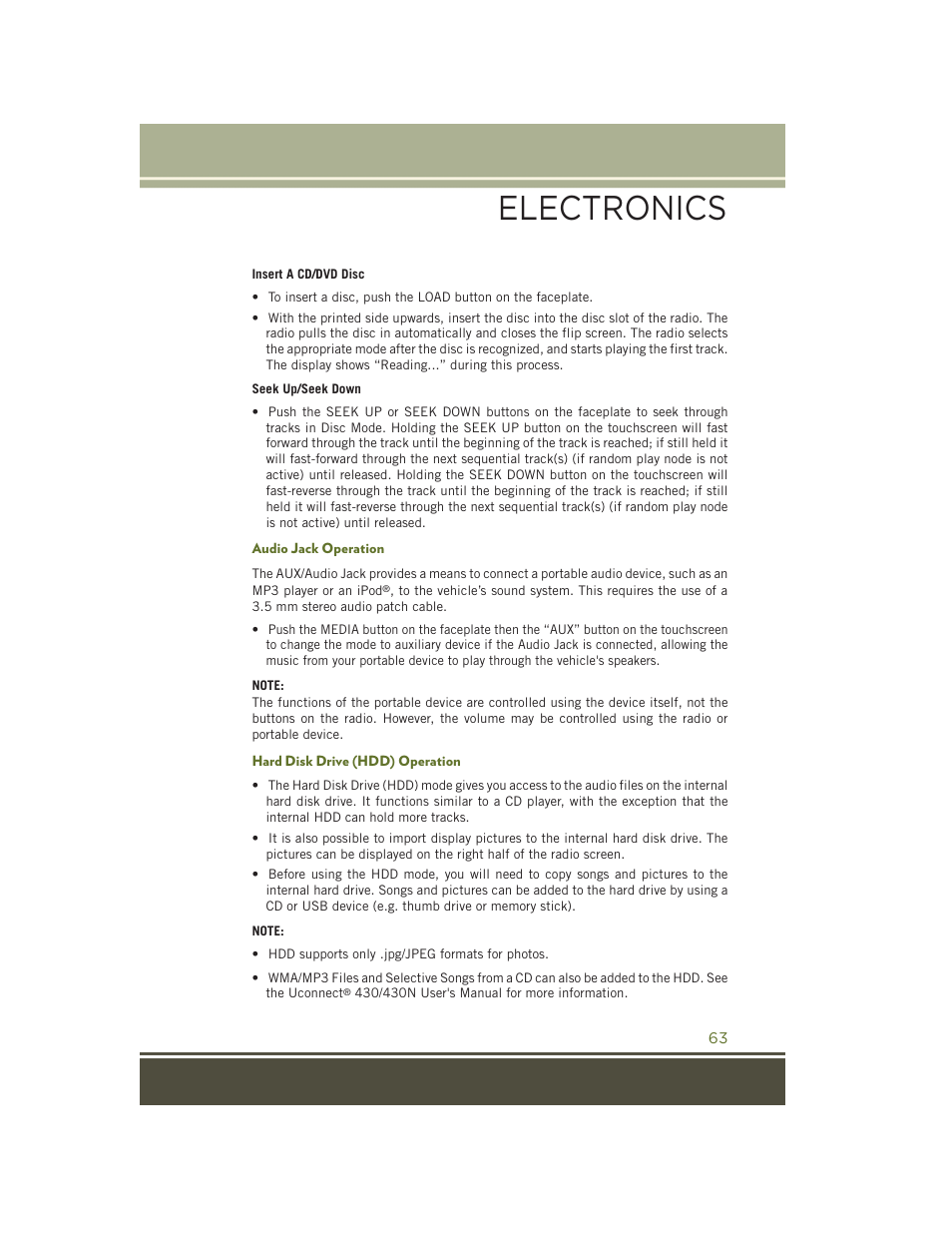 Audio jack operation, Hard disk drive (hdd) operation, Electronics | Jeep 2015 Wrangler - User Guide User Manual | Page 65 / 164