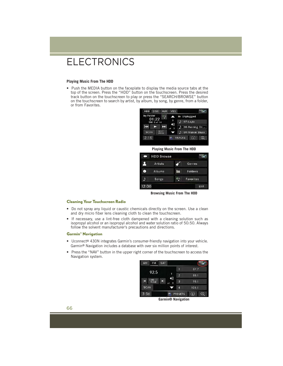 Cleaning your touchscreen radio, Garmin® navigation, Electronics | Jeep 2015 Wrangler - User Guide User Manual | Page 68 / 164