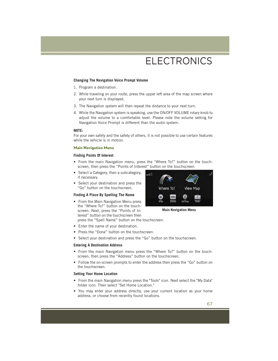Main navigation menu, Electronics | Jeep 2015 Wrangler - User Guide User Manual | Page 69 / 164
