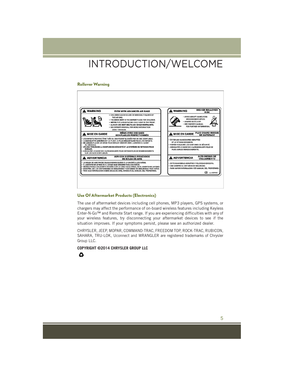 Rollover warning, Use of aftermarket products (electronics), Introduction/welcome | Jeep 2015 Wrangler - User Guide User Manual | Page 7 / 164