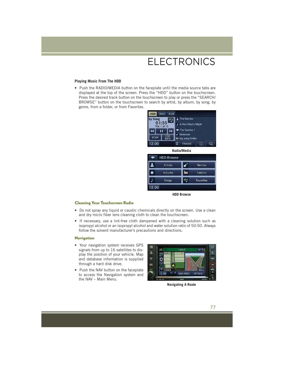 Cleaning your touchscreen radio, Navigation, Electronics | Jeep 2015 Wrangler - User Guide User Manual | Page 79 / 164