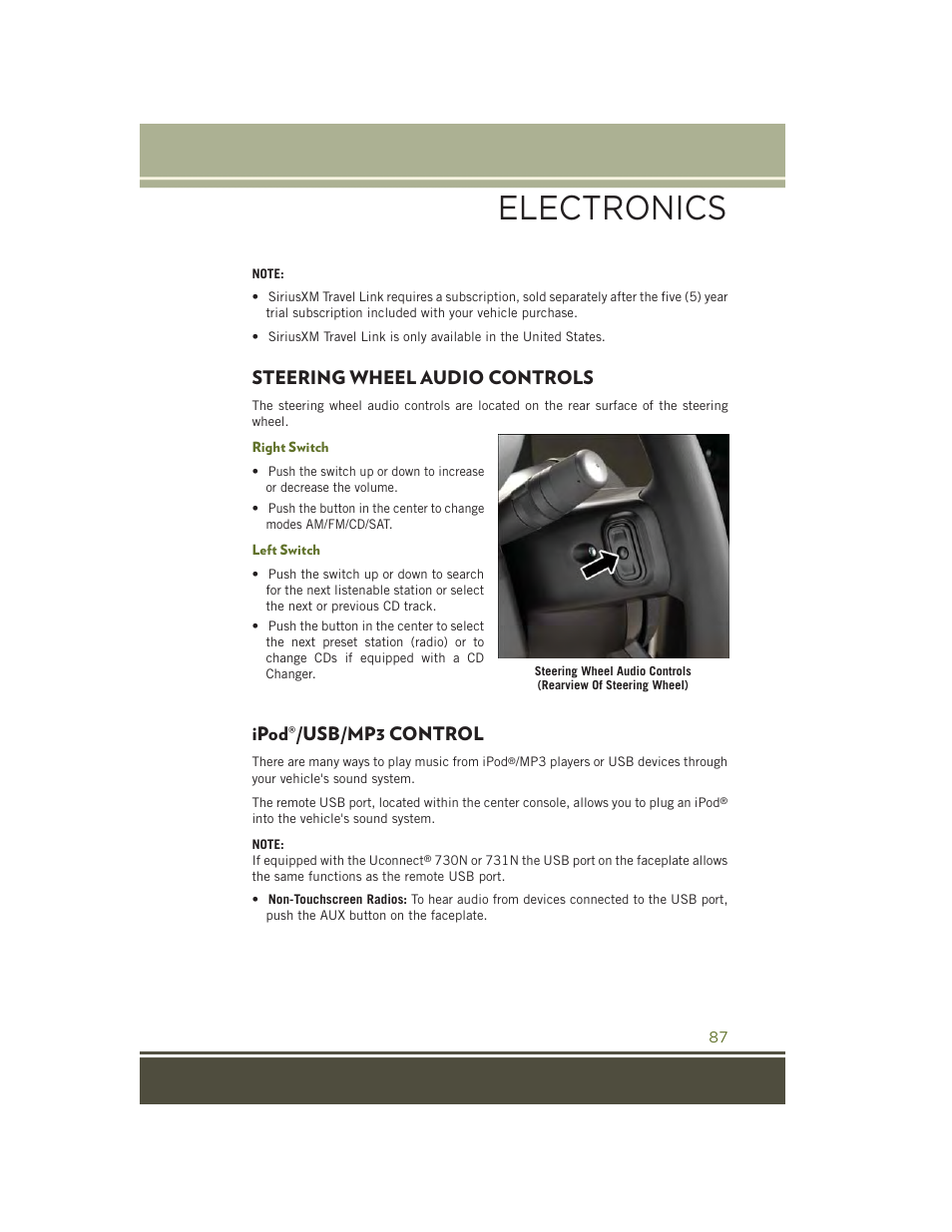 Steering wheel audio controls, Right switch, Left switch | Ipod®/usb/mp3 control, Ipod, Usb/mp3 control, Electronics | Jeep 2015 Wrangler - User Guide User Manual | Page 89 / 164