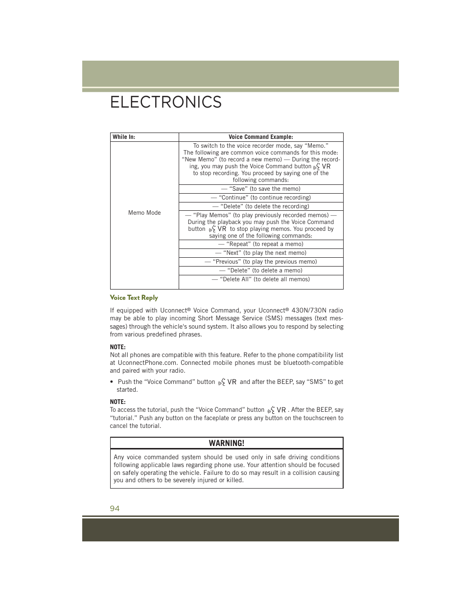 Voice text reply, Electronics, Warning | Jeep 2015 Wrangler - User Guide User Manual | Page 96 / 164