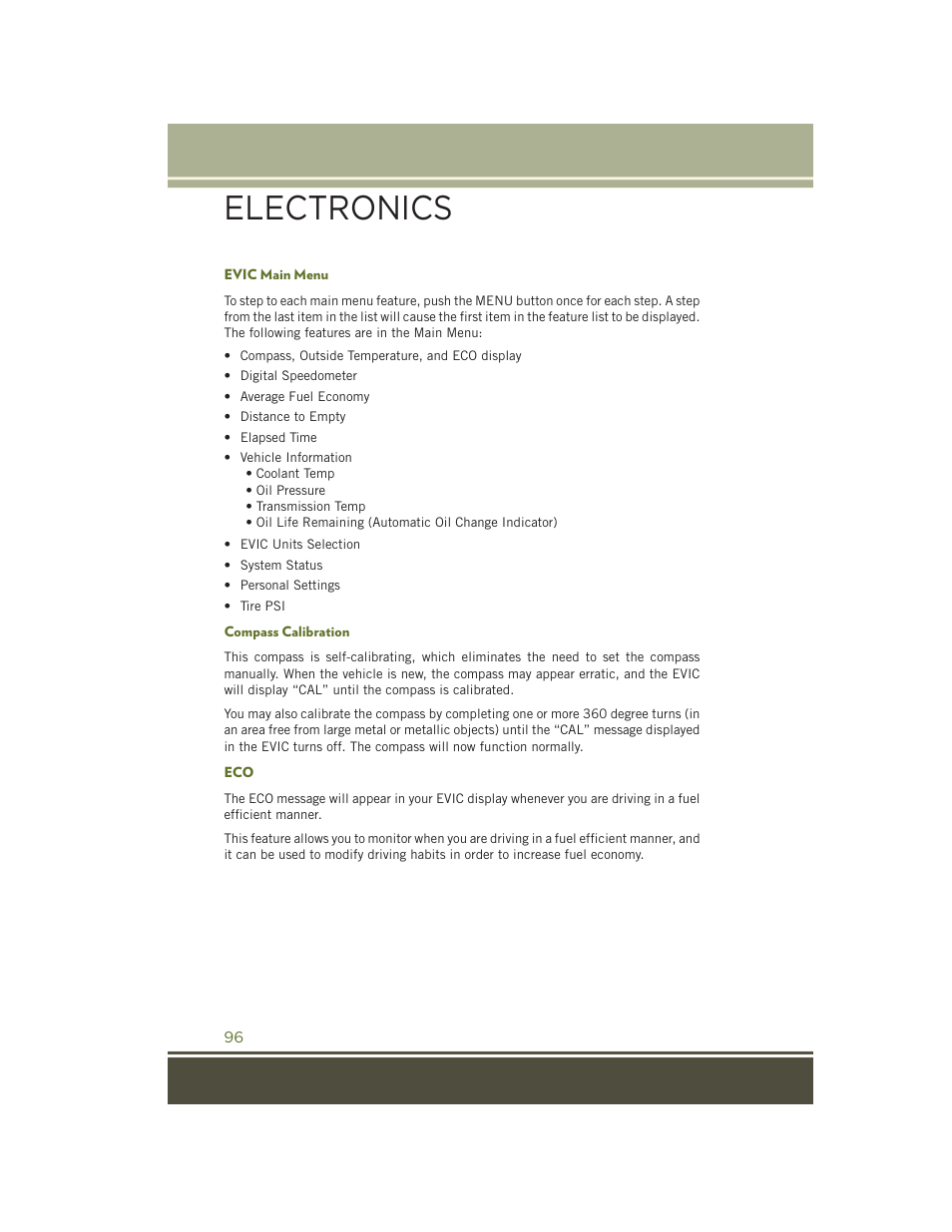 Evic main menu, Compass calibration, Electronics | Jeep 2015 Wrangler - User Guide User Manual | Page 98 / 164