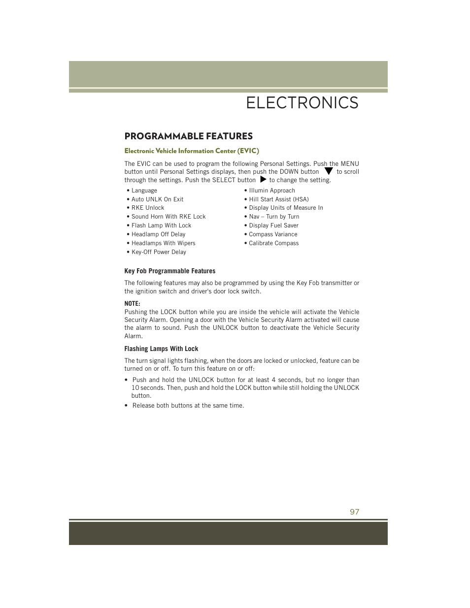 Programmable features, Electronic vehicle information center (evic), Electronics | Jeep 2015 Wrangler - User Guide User Manual | Page 99 / 164