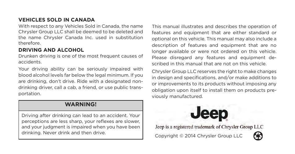 Warning | Jeep 2015 Wrangler - Postal Supplement User Manual | Page 2 / 74