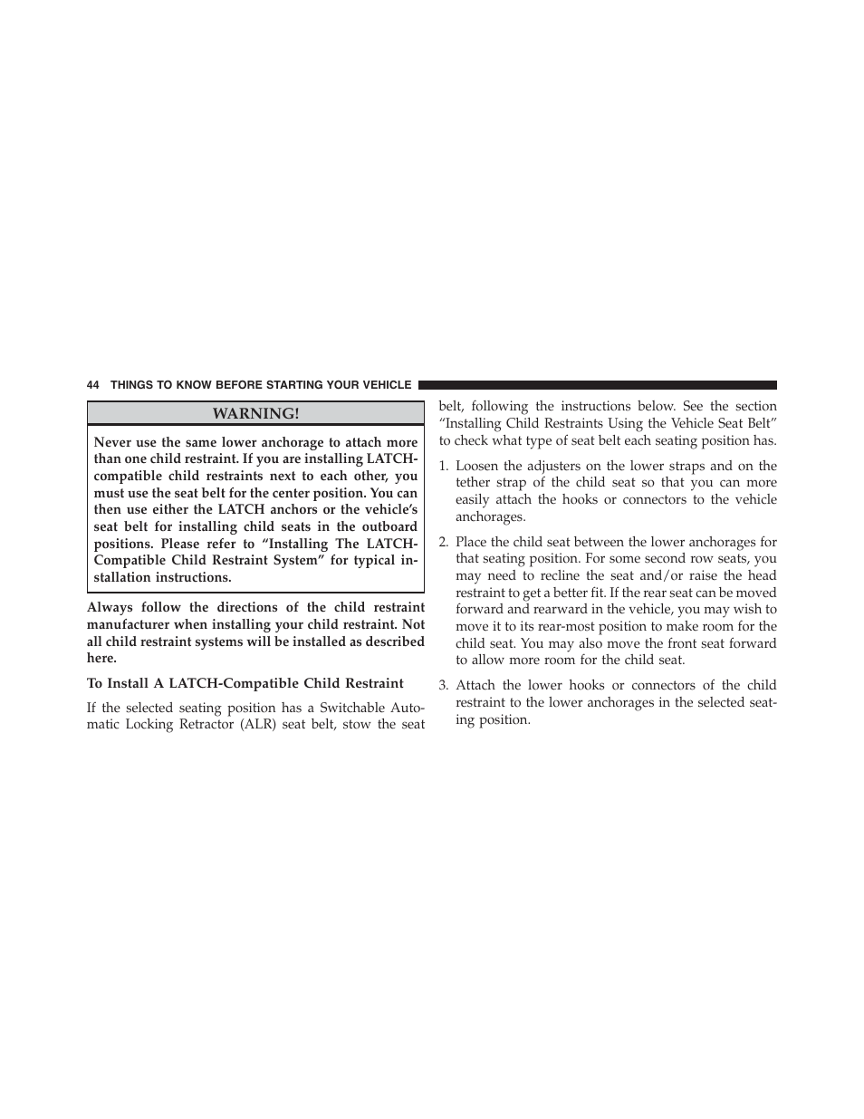 To install a latch-compatible child restraint | Jeep 2015 Wrangler - Postal Supplement User Manual | Page 46 / 74