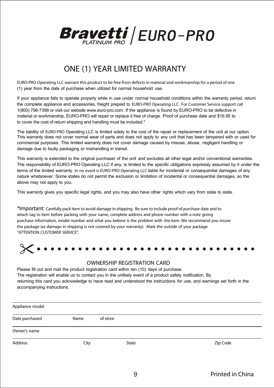 One (1) year limited warranty, 9printed in china | Bravetti PLATINUM PRO BKS600 User Manual | Page 10 / 10