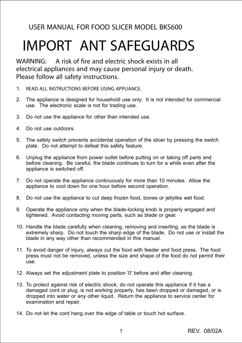 Import ant safeguards, User manual for food slicer model bks600 | Bravetti PLATINUM PRO BKS600 User Manual | Page 2 / 10