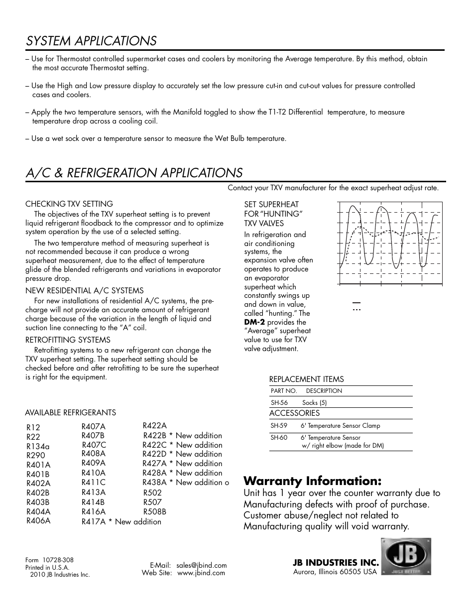 Inst-digmanifoldpg4.pdf, System applications, A/c & refrigeration applications | Warranty information, Jb industries inc | Just Better DM-2 Digital Manifold User Manual | Page 4 / 4