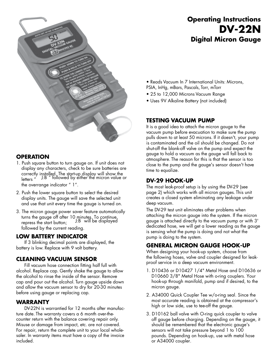 Just Better DV-22N Digital Micron Gauge User Manual | 2 pages