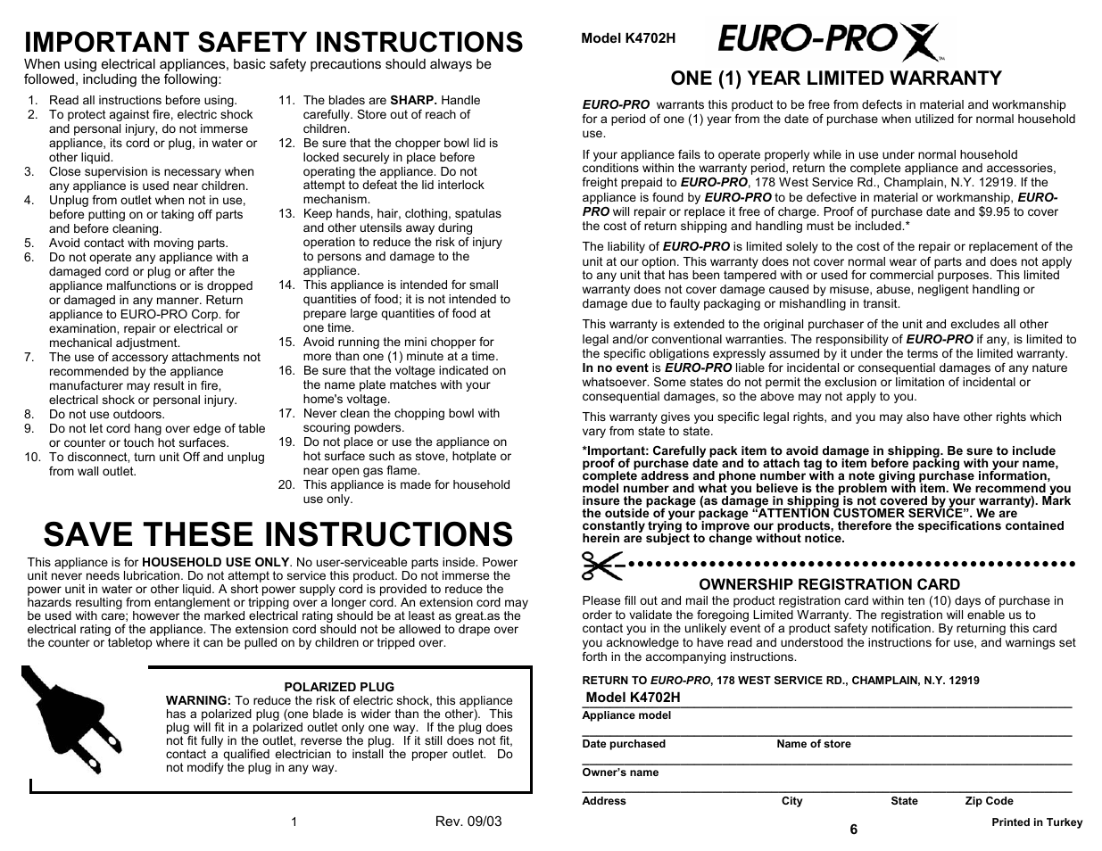 Save these instructions, Important safety instructions, One (1) year limited warranty | Bravetti QUADE BLADE K4702H User Manual | Page 2 / 4