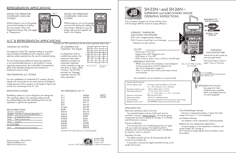 Sh-35n instructionsoutside.pdf, Sh-35n, And sh-36n | Refrigeration applications, A/c & refrigeration applications, R404a | Just Better SH-36N Obtaining Target Superheat Value User Manual | Page 2 / 2