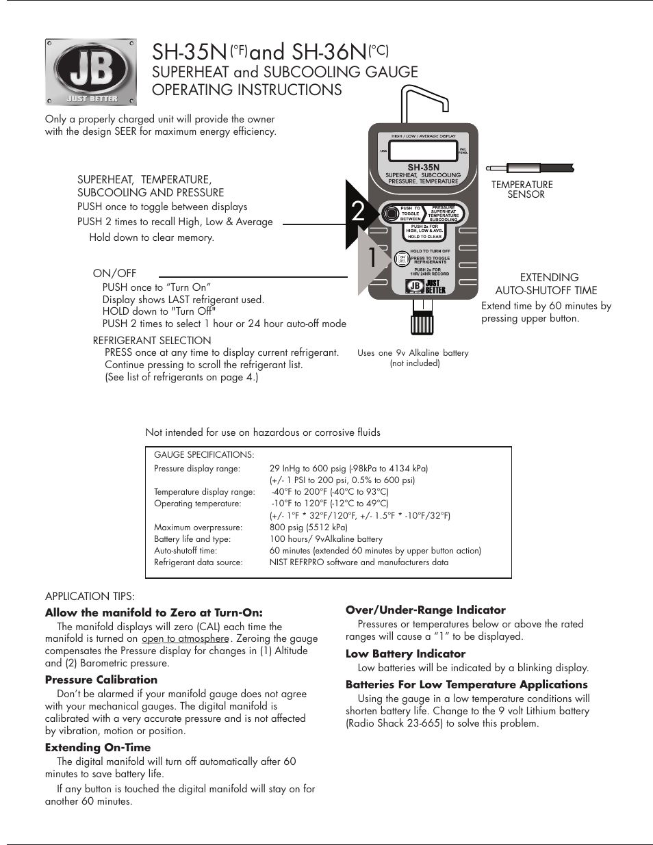 Just Better SH-35N Superheat Subcooling User Manual | 4 pages