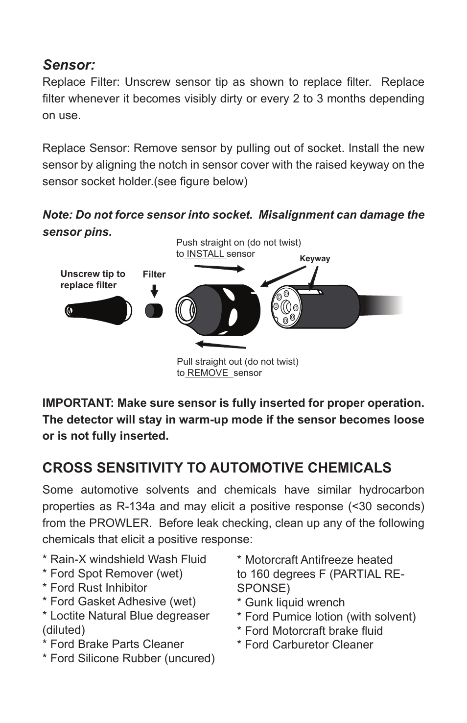 Sensor, Cross sensitivity to automotive chemicals | Just Better LD-5000 Prowler Leak Detector User Manual | Page 6 / 8