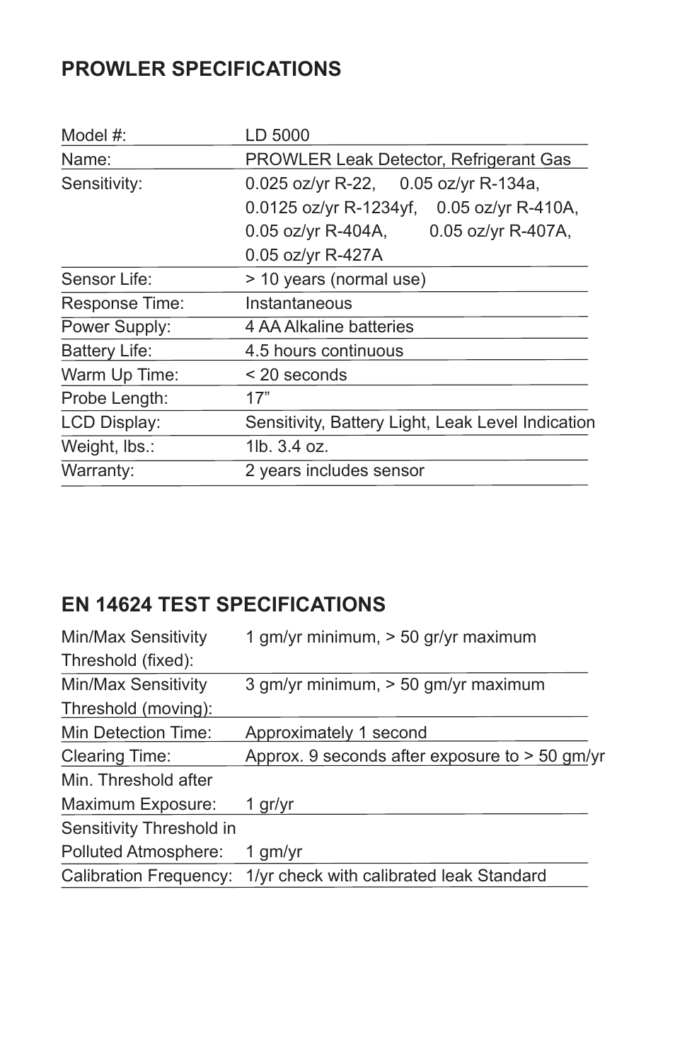 Prowler specifications | Just Better LD-5000 Prowler Leak Detector User Manual | Page 7 / 8