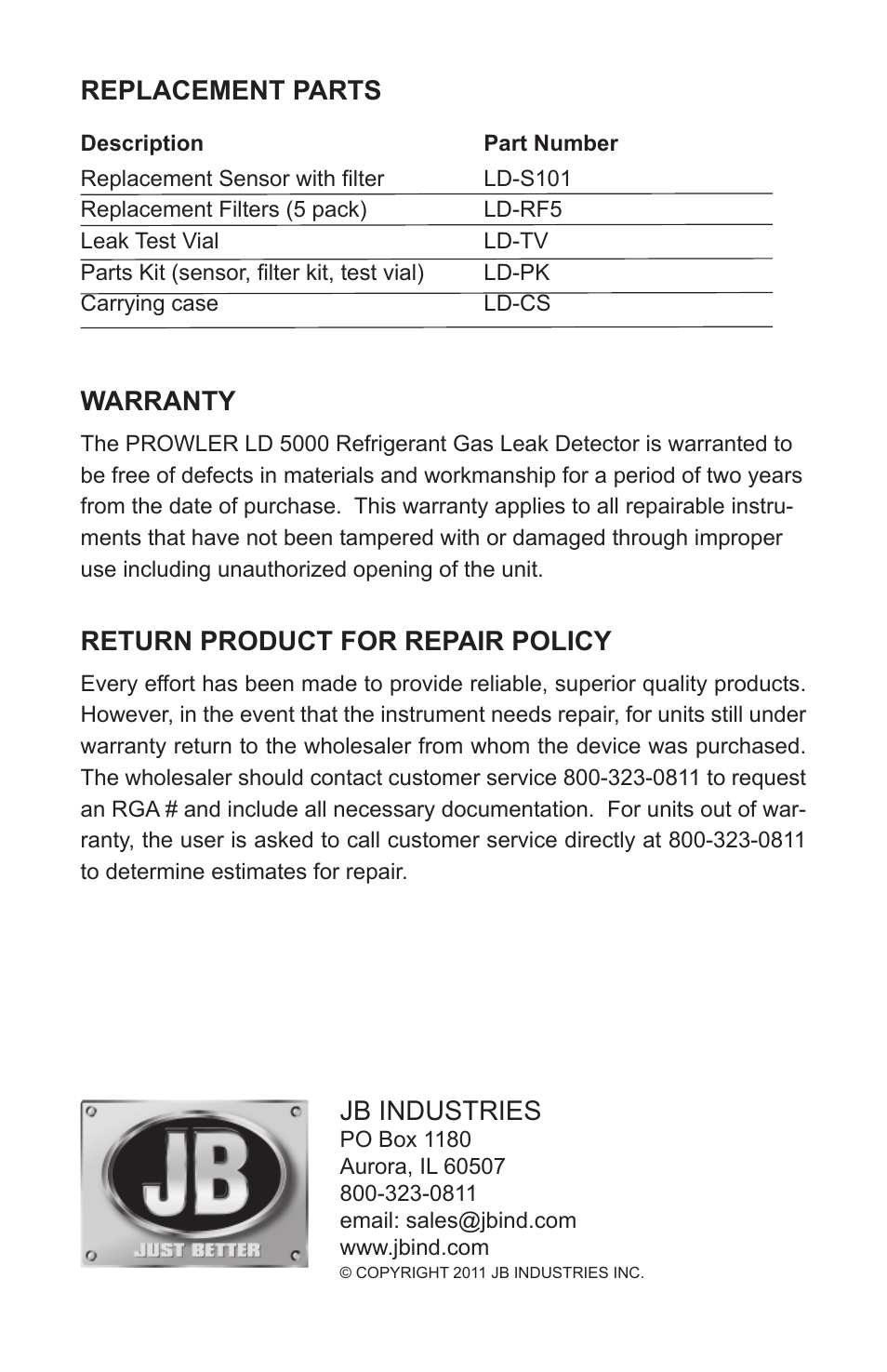 Warranty, Return product for repair policy, Replacement parts | Jb industries | Just Better LD-5000 Prowler Leak Detector User Manual | Page 8 / 8