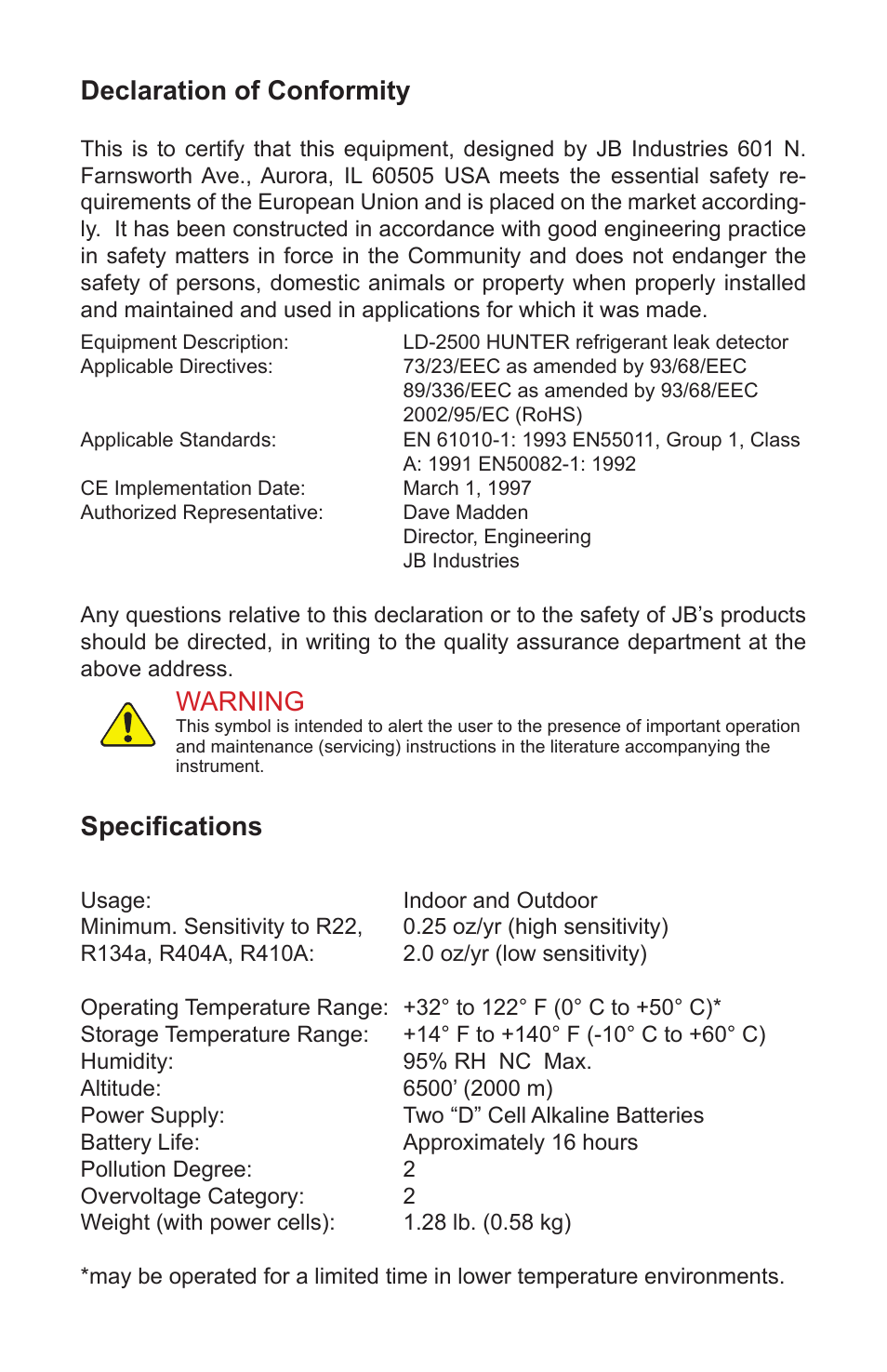 Declaration of conformity, Warning, Specifi cations | Just Better LD-2500 Hunter Leak Detector User Manual | Page 2 / 8