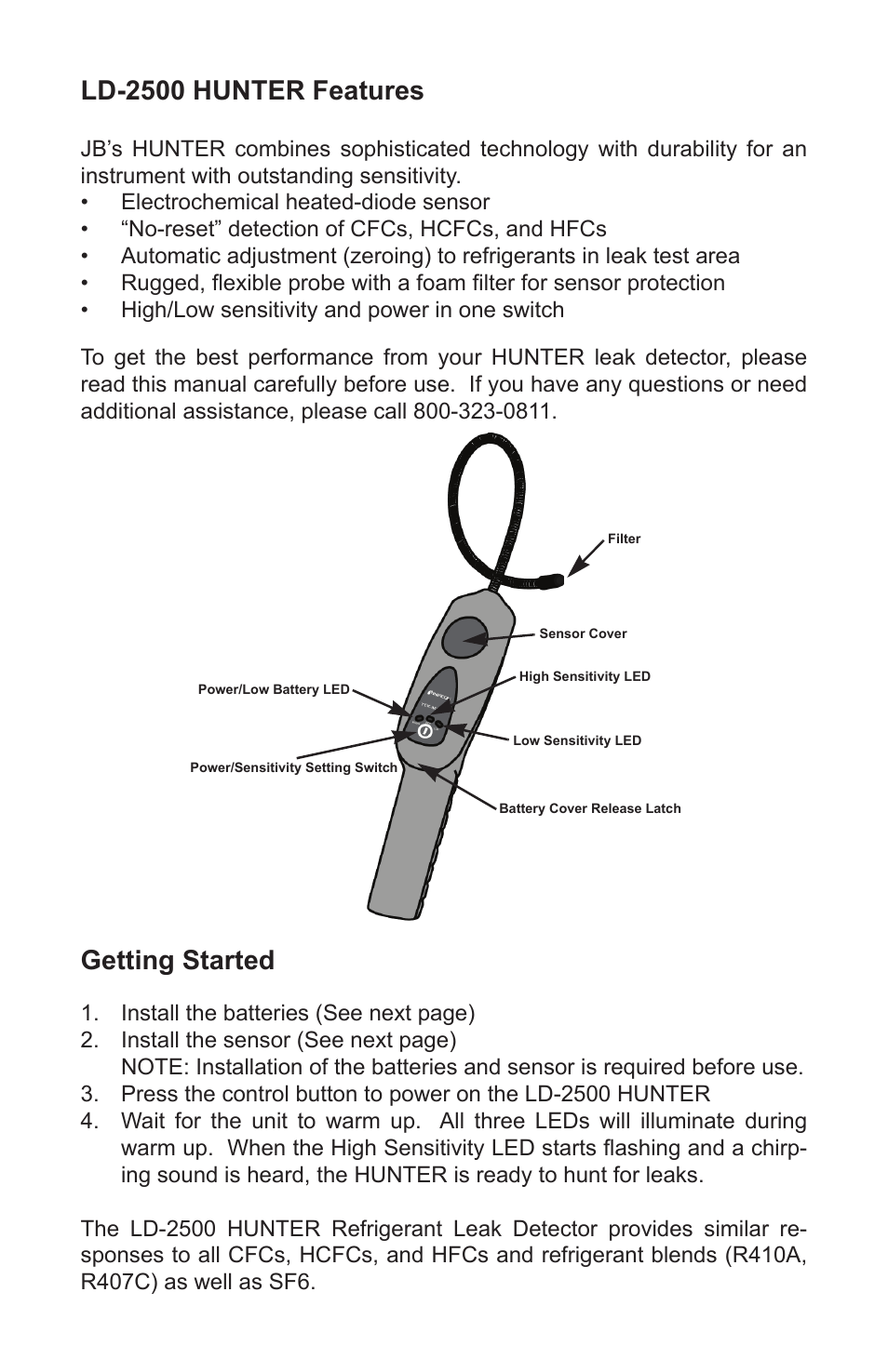 Ld-2500 hunter features, Getting started | Just Better LD-2500 Hunter Leak Detector User Manual | Page 3 / 8