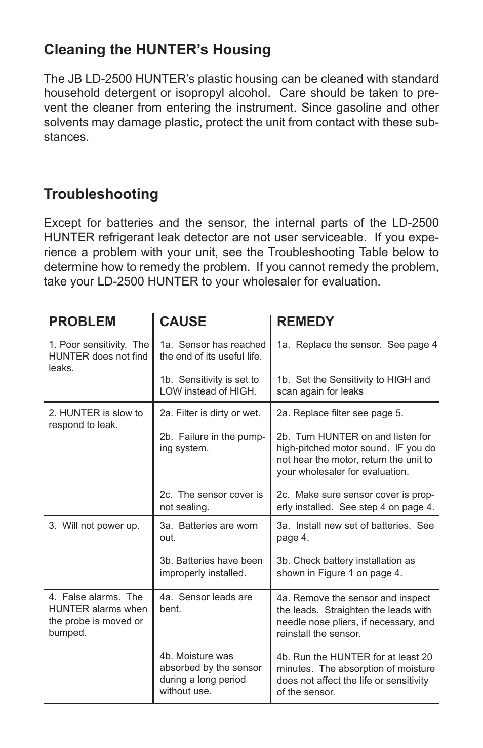 Cleaning the hunter’s housing, Troubleshooting, Problem cause remedy | Just Better LD-2500 Hunter Leak Detector User Manual | Page 6 / 8