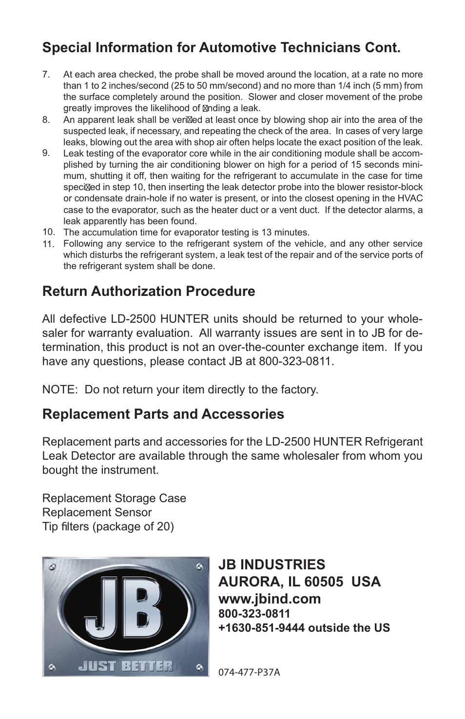 Return authorization procedure, Replacement parts and accessories | Just Better LD-2500 Hunter Leak Detector User Manual | Page 8 / 8