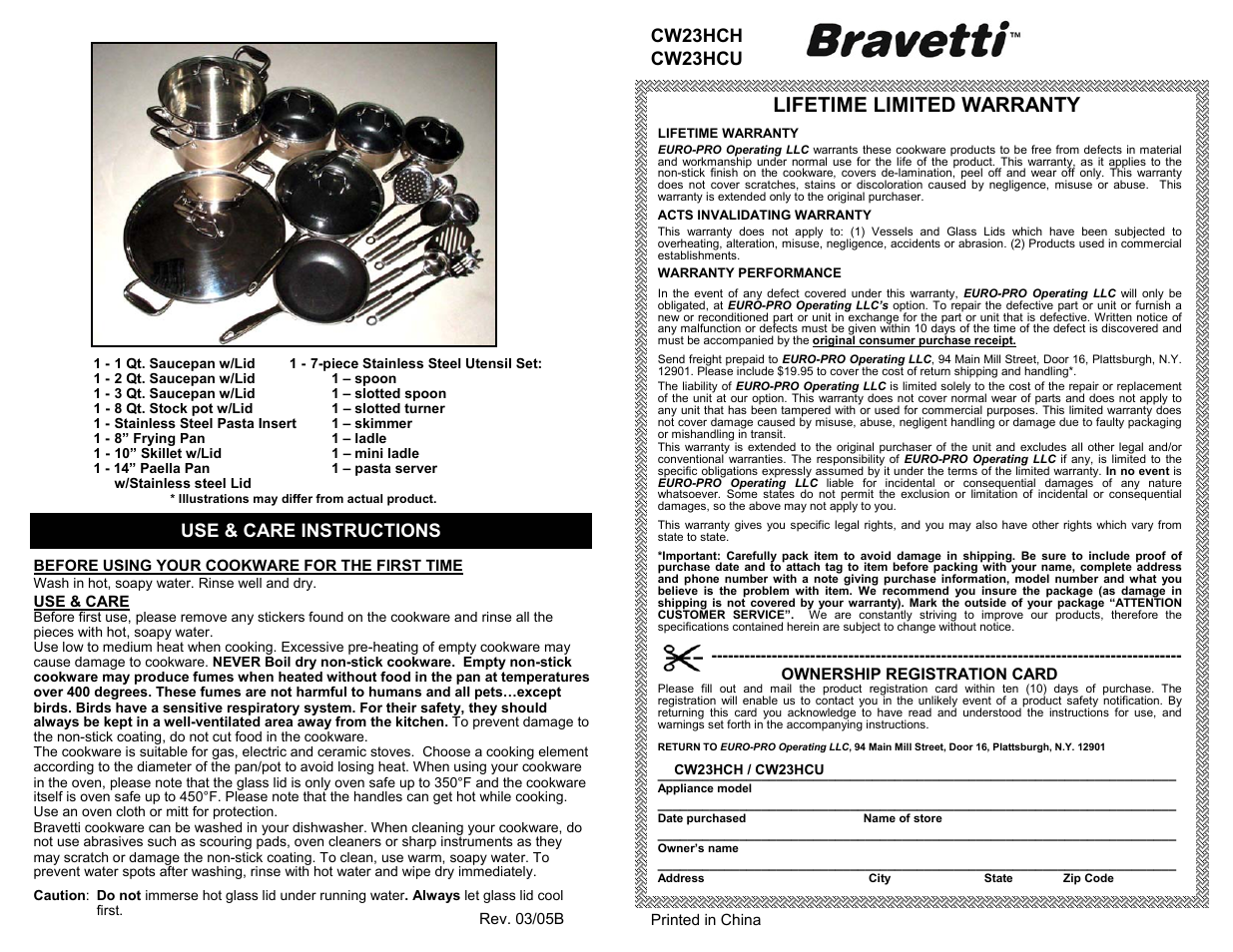 Lifetime limited warranty, Cw23hch cw23hcu, Use & care instructions | Bravetti CW23HCH User Manual | Page 2 / 2