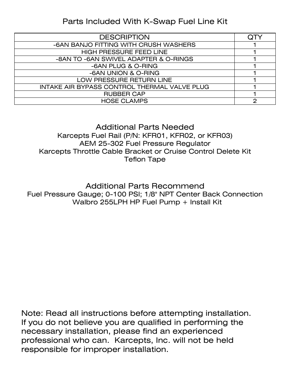 Parts included with k-swap fuel line kit, Additional parts needed, Additional parts recommend | Karcepts KFL02 User Manual | Page 2 / 12