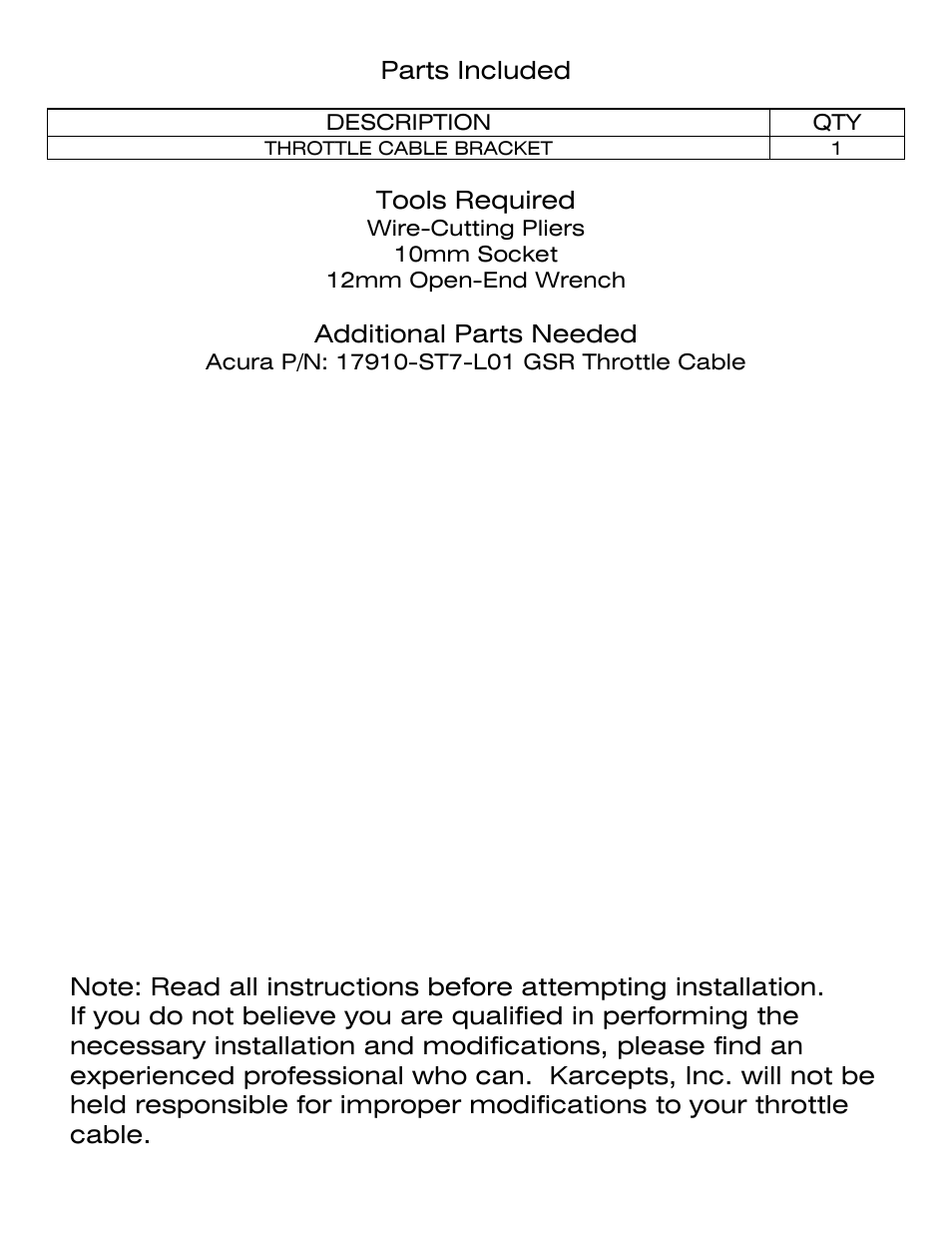 Parts included, Tools required, Additional parts needed | Description qty, Throttle cable bracket 1 | Karcepts KTC02 User Manual | Page 2 / 8