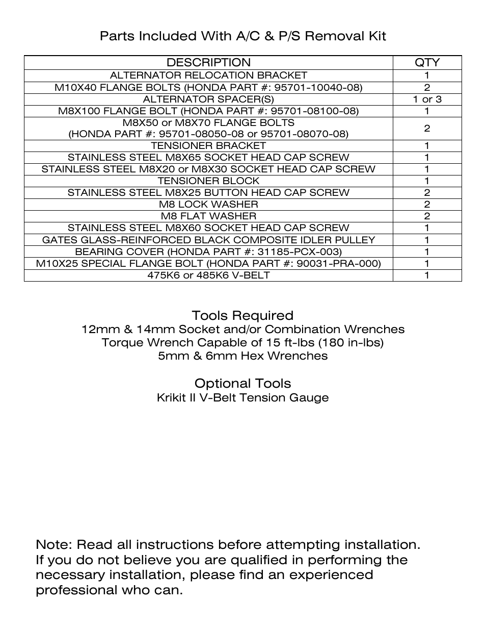 Parts included with a/c & p/s removal kit, Tools required, Optional tools | Karcepts KPS0X User Manual | Page 2 / 12