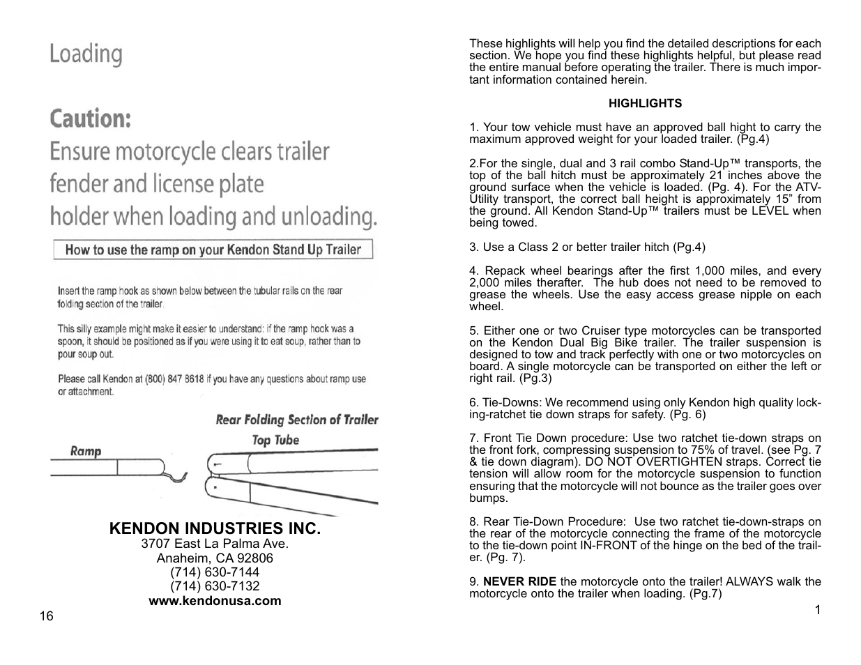Kendon industries inc | Kendon Stand-Up Trailer User Manual | Page 3 / 10