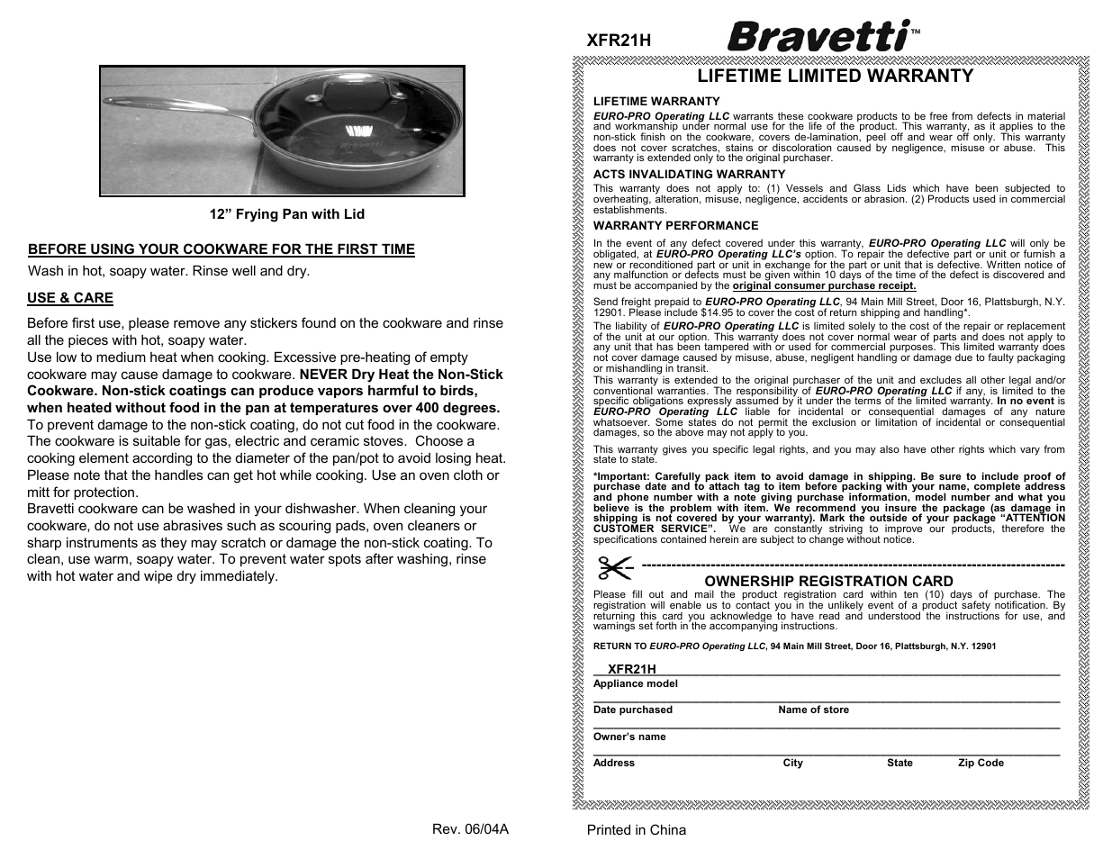 Lifetime limited warranty, Xfr21h | Bravetti XFR21H User Manual | Page 2 / 2