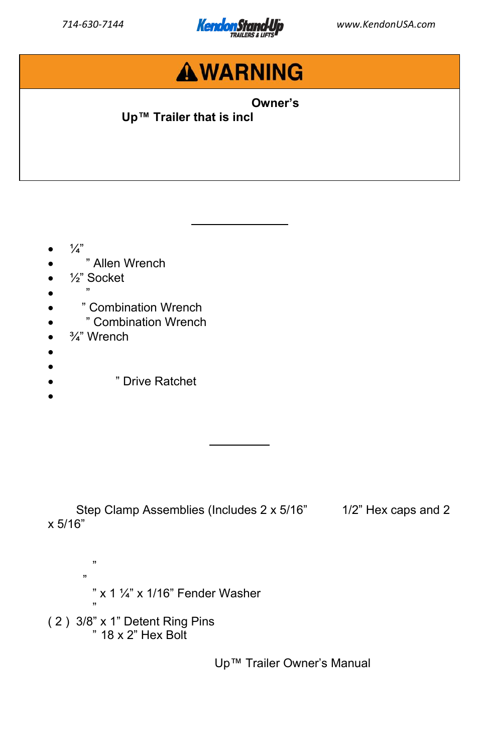 Tools required, Parts list | Kendon Dual Ride-Up SRL Trailer Retrofit Kit User Manual | Page 4 / 12