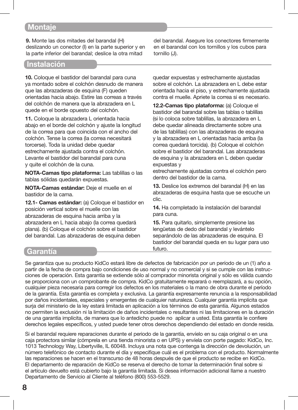 8instalación garantía, Montaje | Kidco BR200-User Guide User Manual | Page 8 / 16