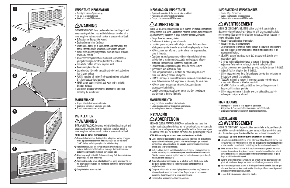 Advertencia, Avertissement, Warning | Información importante, Mantenimiento, Instalación, Informations importantes, Maintenance, Installation, Important information | Kidco BR202 User Manual | Page 2 / 2