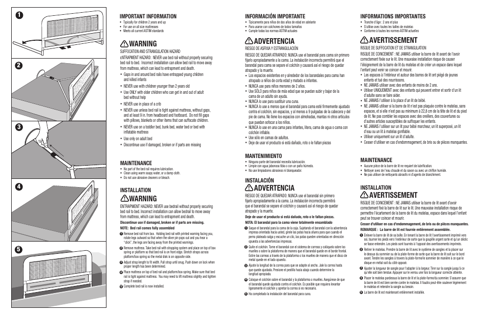 Warning, Advertencia, Avertissement | Maintenance, Installation, Información importante, Mantenimiento, Instalación, Informations importantes, Important information | Kidco BR202a User Manual | Page 2 / 2