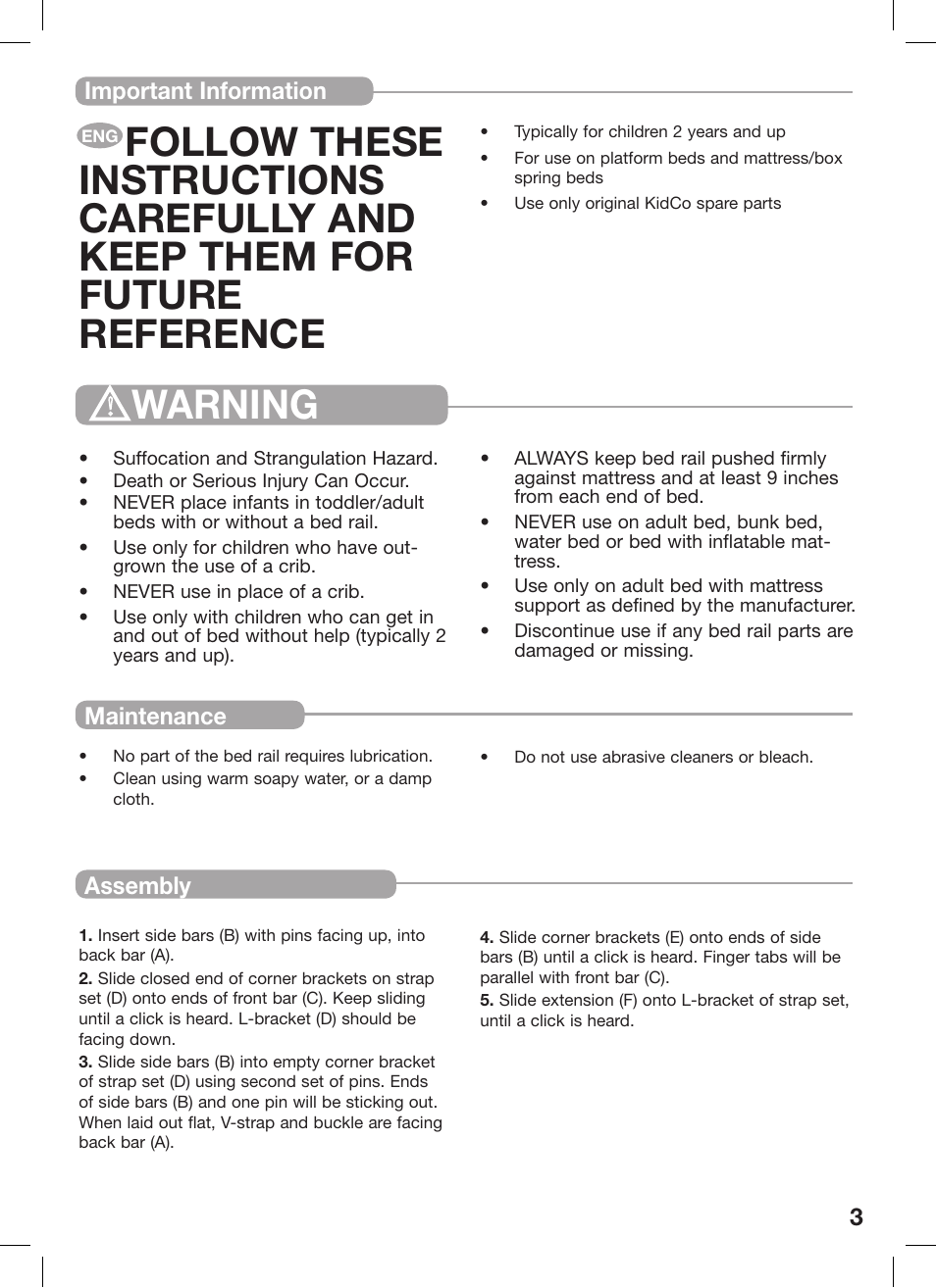 Warning | Kidco BR100 User Manual | Page 3 / 16