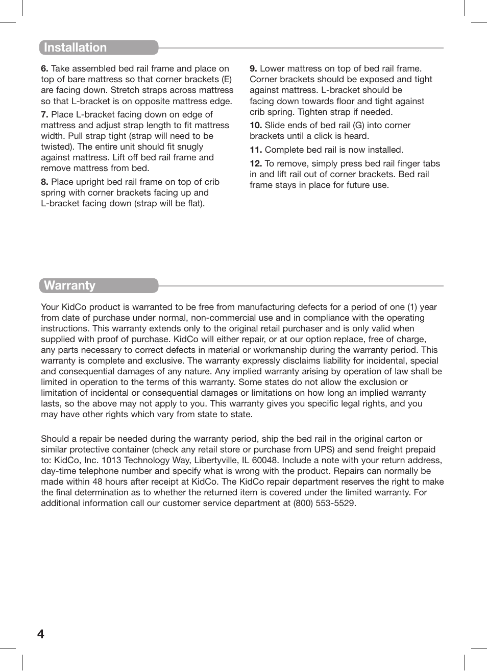 Installation, Warranty | Kidco BR100 User Manual | Page 4 / 16