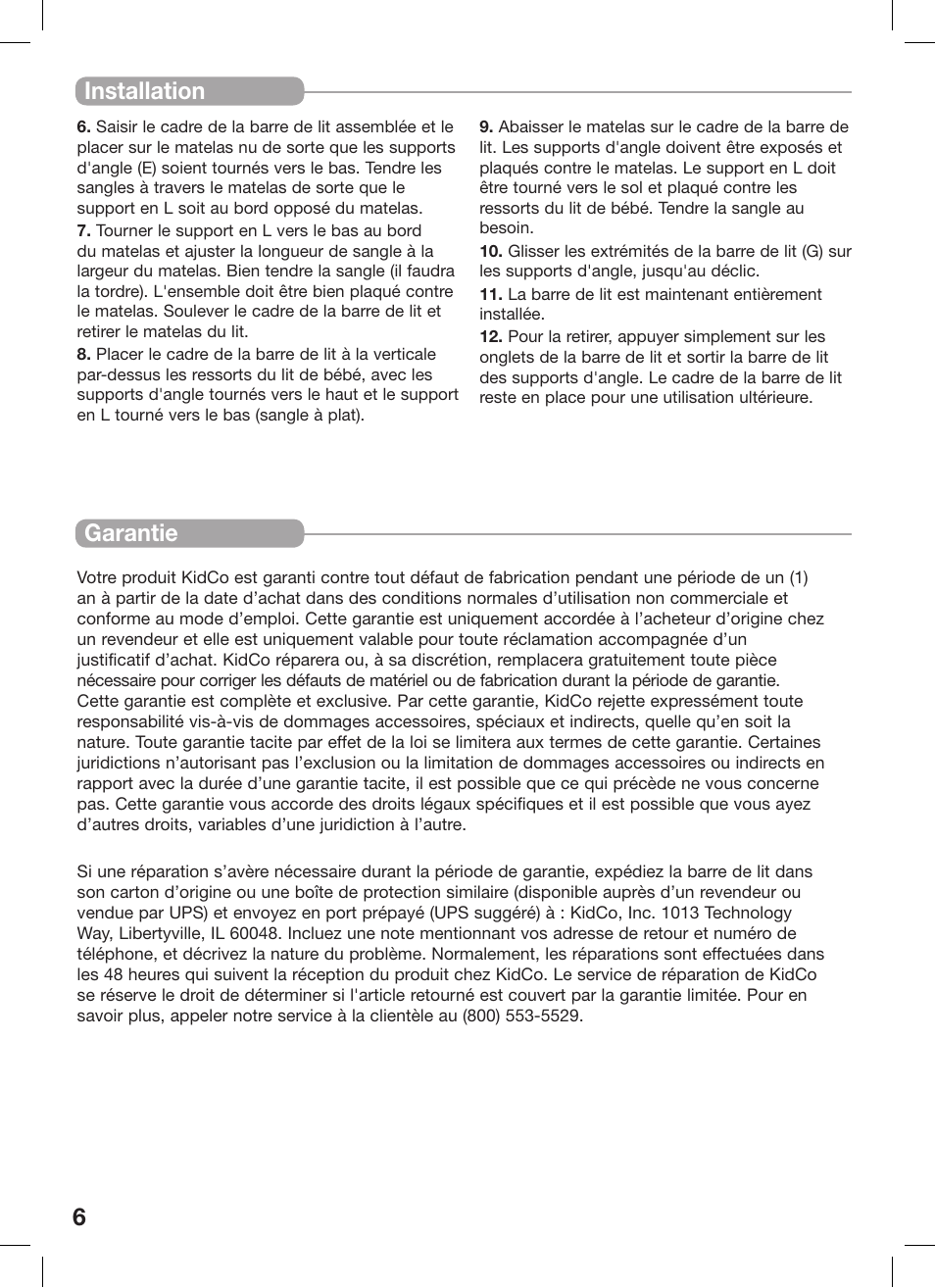 6installation garantie | Kidco BR100 User Manual | Page 6 / 16