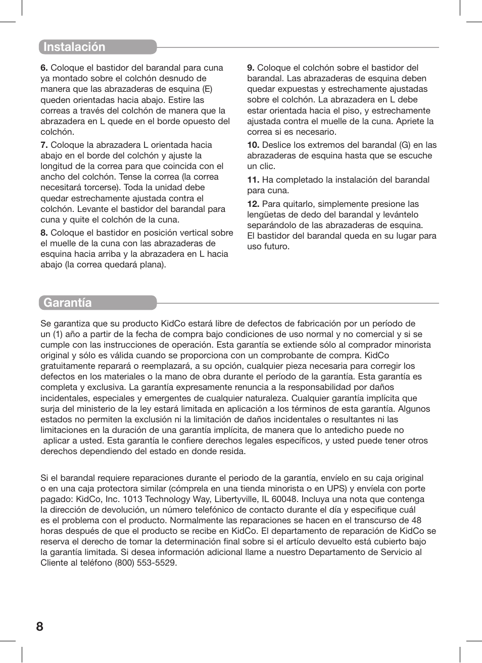 8instalación garantía | Kidco BR100 User Manual | Page 8 / 16