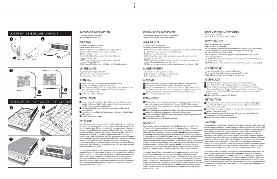 Important information, Warning, Maintenance | Assembly, Installation, Warranty, Información importante, Advertencia, Mantenimiento, Montaje | Kidco BR102 User Manual | Page 2 / 2
